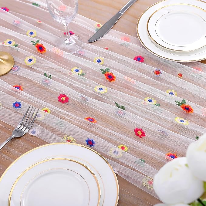 White Floral Table Runner Sheer Embroidery 120 Inches Long Tulle Table Overlay for Boho Wedding Birthday Party Spring Dining Table Decor