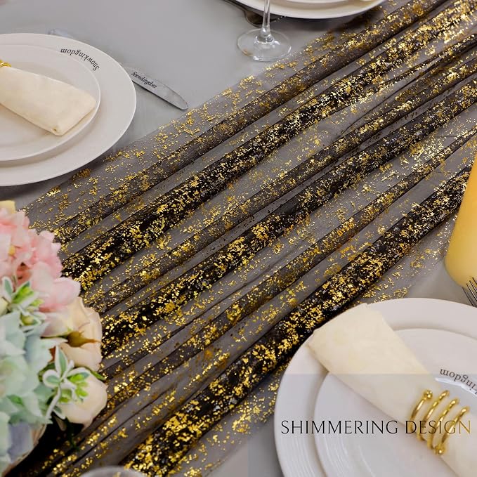 Snowkingdom 3 Pcs Black Gold Gauze Table Runner 10 FT 120 Inch, Sparkle Sheer Glitter Metallic Foil Tulle Mesh Cheesecloth Golden Table Centerpieces Decoration for Party Wedding Anniversary