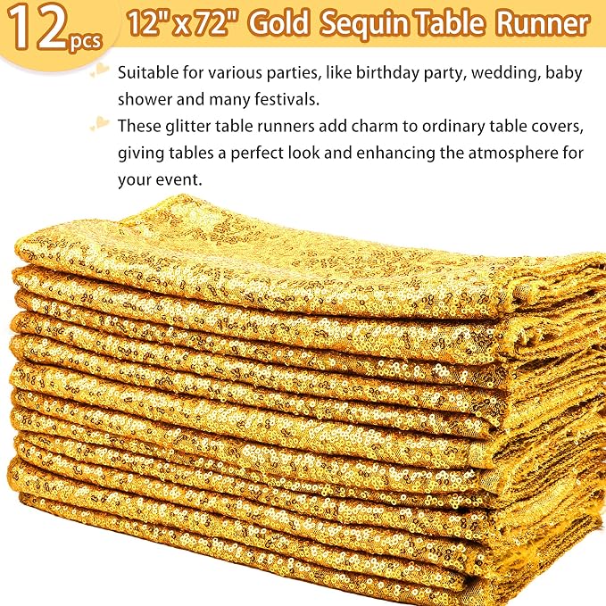 12 Packs 12 X 72 Inch Gold Sequin Table Runner Glitter Dining Table Runner for Birthday Wedding Engagement Bridal Baby Shower Bachelorette Holiday Celebration Party Supplies Decorations (Gold)