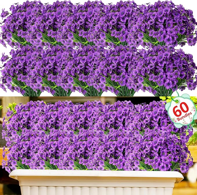 Powbrace 60 Pack Artificial Flowers for Outdoor Indoor Fake Plants, Faux Silk Flowers for Outdoors Outside Front Porch Hanging Planter Window Box Garden Spring Decoration(Purple)