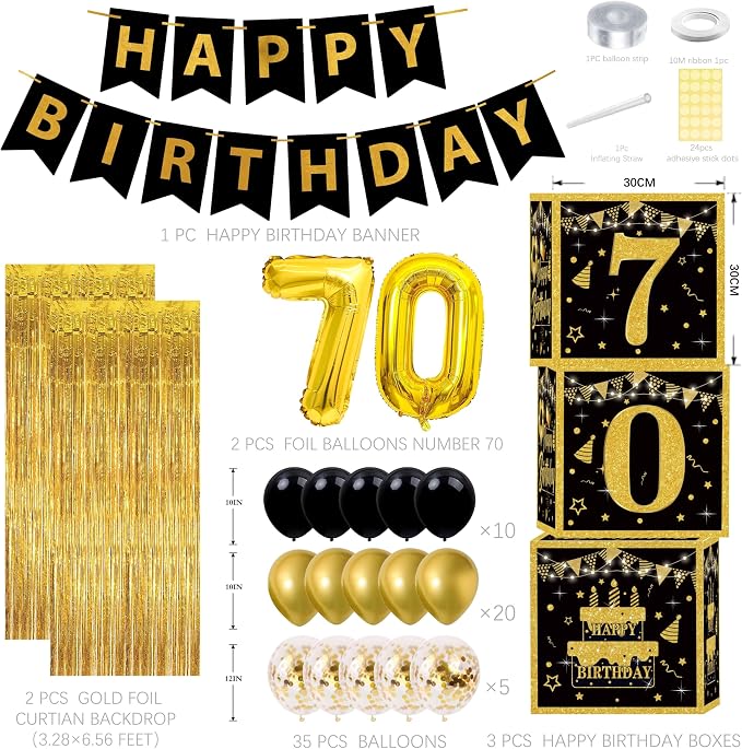 Gold 70th birthday decorations Kit for Men,3pcs birthday Decorations for Men boys black and gold Balloon Boxes Birthday Party Favors