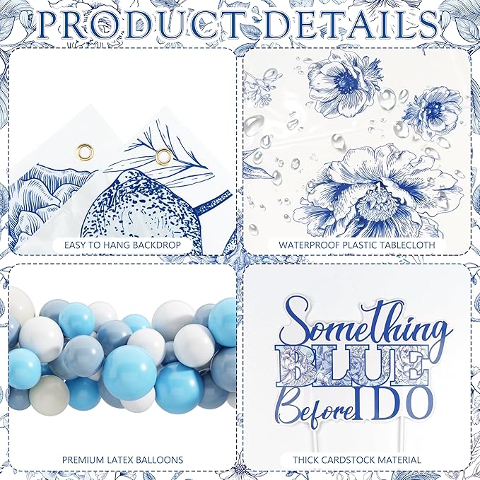 Something Blue Before I Do Bridal Shower Decorations,127 PCS Blue Bachelorette Party Decorations with Coquette Bow Balloon Arch Kit Floral Backdrop Tablecloth Banner Garland Cake Topper Veil