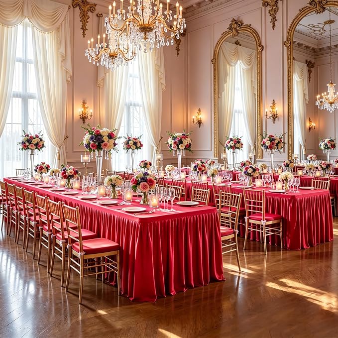 6 Packs Red Satin Tablecloths Rectangle 8FT, Glitter Spandex Fitted Stretch Table Covers Wrinkle-Free Floor Length Shimmer Table Skirt for Weddings Parties Baby Shower Banquets Vendor Events