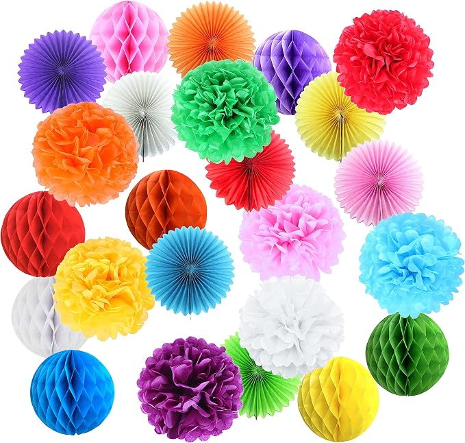 24 Pack Colorful Papers Set Party Decorations, Honeycomb Balls, Paper pom poms, Paper Fans for Birthday Parties, Wedding Decorations, Home Decor, Fiesta or Mexican Party