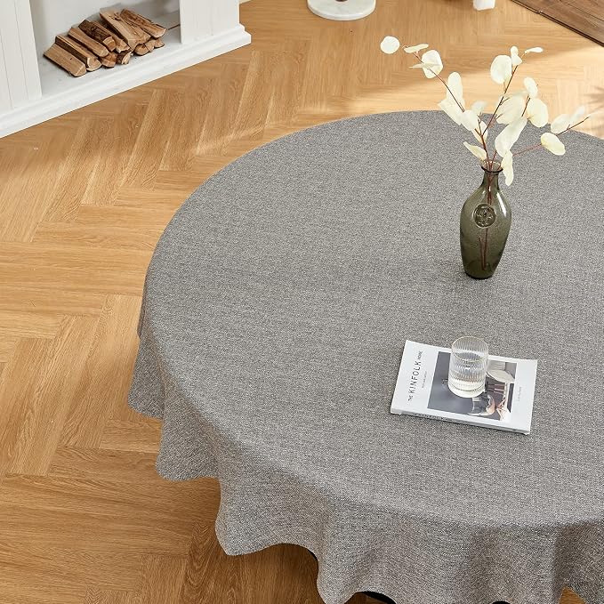 BALCONY & FALCON Round Tablecloth Washable Wrinkle Resistant and Water Proof Table Cloth Decorative Linen Fabric Tablecloths for Dining Parties Kitchen Wedding and Outdoor Use (Gray, 107" Round)