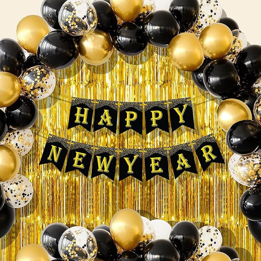KatchOn, New Years Eve Party Supplies 2026 - Huge, Pack of 29 | Happy New Year Banner, Gold Fringe Backdrop Curtain, New Year Balloons Latex for New Years Decorations 2026 | Nye Decorations 2026