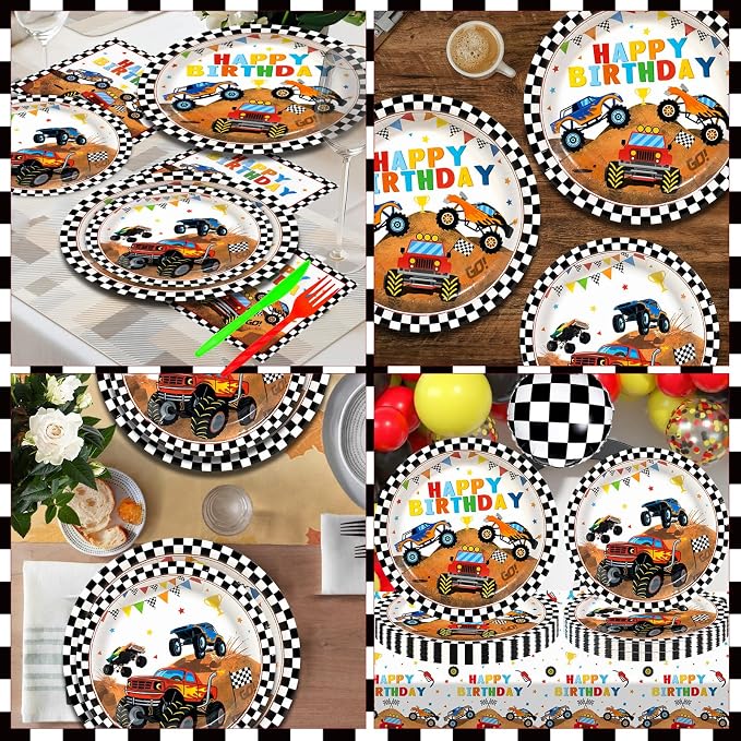 182pcs Monster Truck Party Supplies,Kids Birthday Plates and Napkins Set for Boys Birthday Party Decorations,Serves 30 Guests