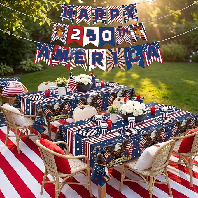140 Pack 250th Anniversary Decorations- Serve 24 - Patriotic Plates Tablecloth Napkins Cups Banner | 4th of July Accessories for 250th Anniversary Merchandise Home Indoor Outdoor
