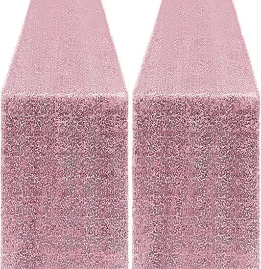 2 Packs 12 x 72 inches Sequin Table Runner, Rose Pink Glitter Table Runner for Birthday Party Supplies Wedding Engagement Baby Shower Holiday Celebration Event Decorations
