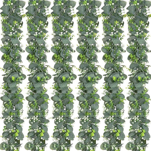 Dolicer 6 Packs 6FT Artificial Eucalyptus Garland, Faux Greenery Garland Fake Vines Hanging Silver Dollar Eucalyptus Leaves for Wedding Backdrop Arch Table Wall Party Home Decor