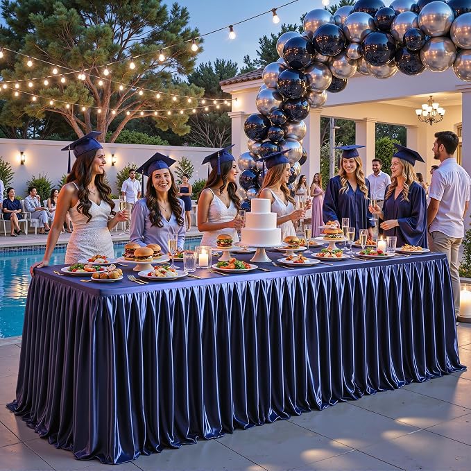 2 Packs Navy Blue Satin Tablecloths Rectangle 4FT,Glitter Spandex Fitted Stretch Table Covers Wrinkle-Resistant Floor Length Shimmer Pleated Table Skirt for Wedding Parties Baby Shower Banquets