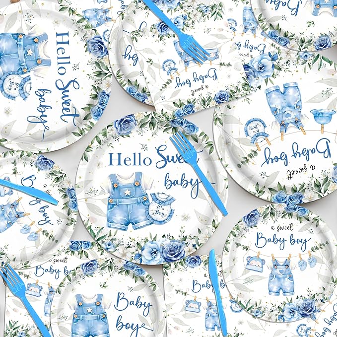 168PCS Blue Baby Boy Shower Decorations,Baby Shower Theme Party Tableware Set Plates Napkins Cups,for Boy Baby Shower Decorations Serves 24 Guests