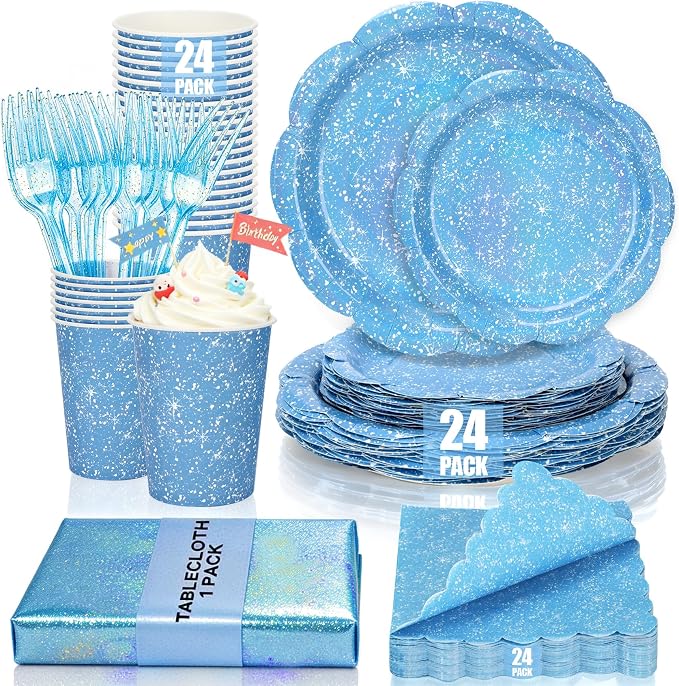 Blue Iridescent Plates and Napkins Set, Disposable Light Blue Holographic Plates Cups Napkins Forks Tablecloth Party Supplies for Birthday Baby Shower Bridal Shower Party Decorations, Serves 24 Guests
