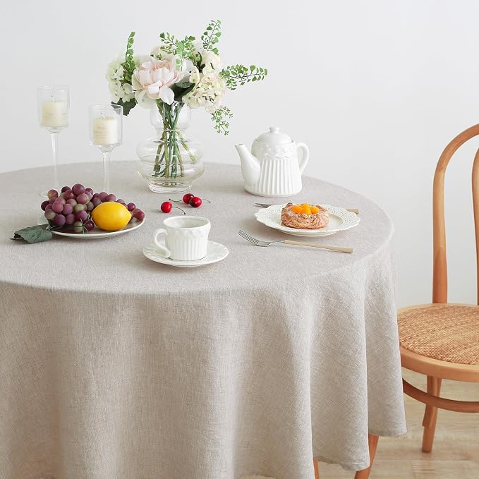 Linen World Linen Tablecloth,100% French Linen Round Tablecloth 60" Inch,Washable Natural Tablecloth for Dining,Outdoor,Weddings and Restaurants,Decorative Thanksgiving Christmas