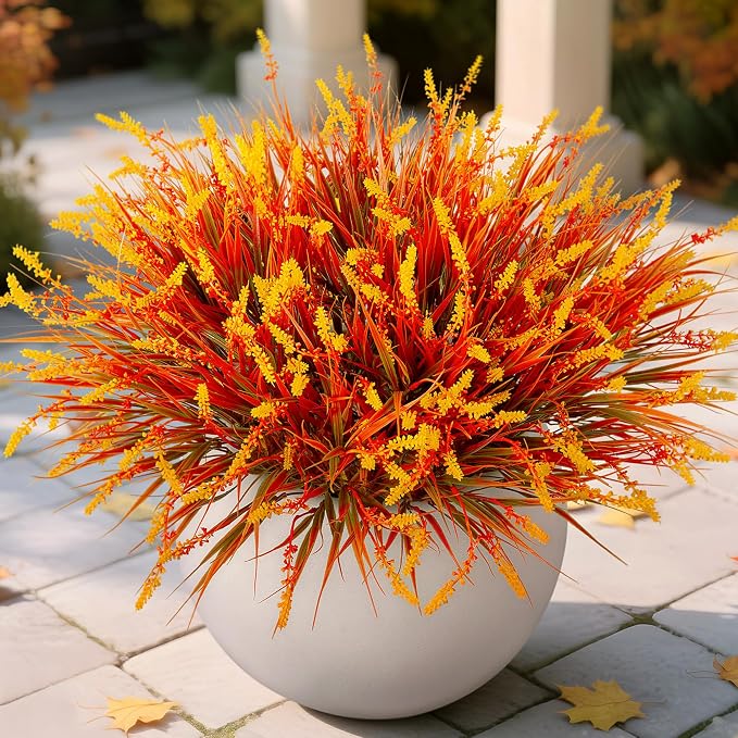Artificial Fake Plants Flowers for Outdoors Fall Decor, 12 Bundles Fall Leaves Faux Lavender Flowers for Autumn Decoration, Fake Shrubs UV Resistant Planter No Fade for Garden Porch Balcony(Brown)