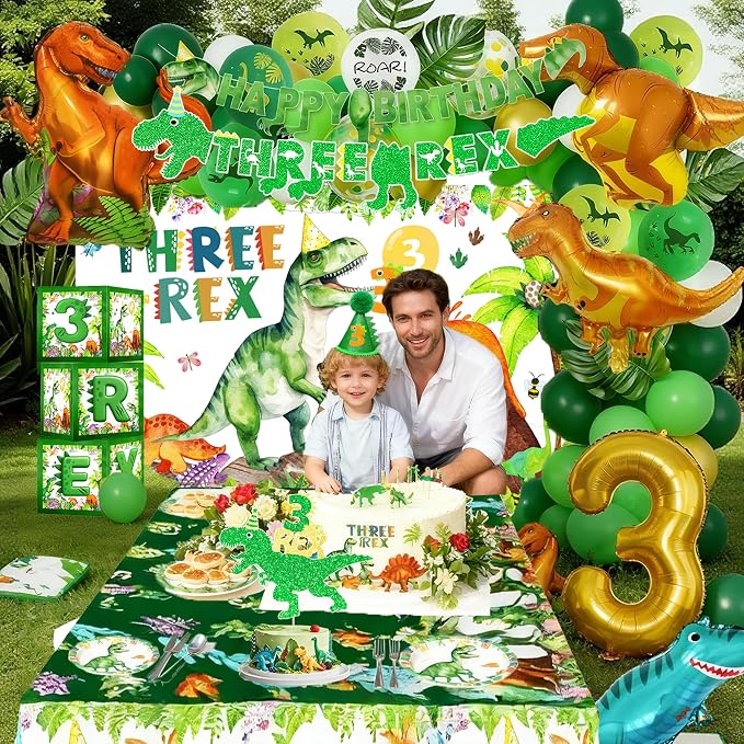 Three Rex Dinosaur 3rd Birthday Decorations For Boys – Dino 3rd Birthday Party Supplies With Banner, Letter Balloons, Backdrop, Tablecloth, Balloon And Boxes,Table Centerpieces For 3 Rex Party