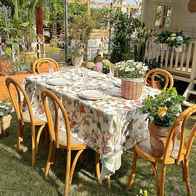 Waterproof Rectangular Tablecloth 60 x 120 Inch, Bird Floral Table Cloth Country Spring Summer Tablecloths, Table Cover for Farmhouse, Dining, Outdoor - Red Flower