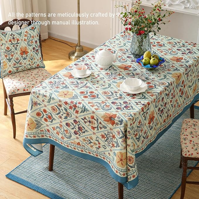 ISAENNE Designer Elegant Linen Rectangular Tablecloth,79"x55"-Floralsea A | French French Table Cloth for Rectangle Table,Colorful Floral Pattern,Decor,Dining Room,Tea Party,Kitchen,Thanksgiving