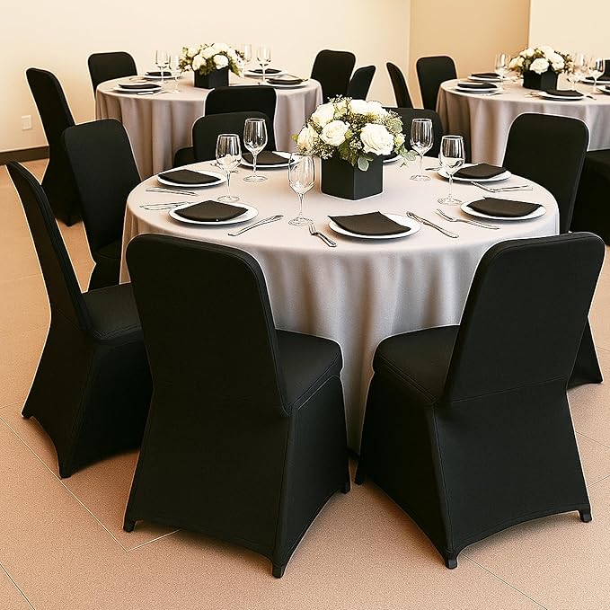Craft And Party 10 Pack Black Spandex Folding Chair Covers, Stretch Polyester Slipcovers for Wedding, Party & Dining Chairs – Flat Front Design, Universal Fit