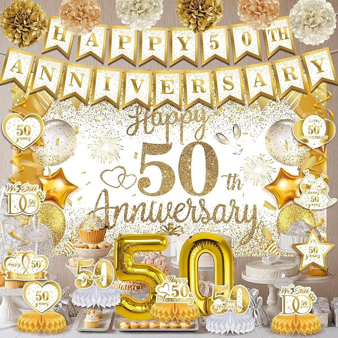 50th Golden Wedding Anniversary Decorations - White Gold Happy Anniversary Banner Backdrop Centerpiece Hanging Swirls Pom Poms
