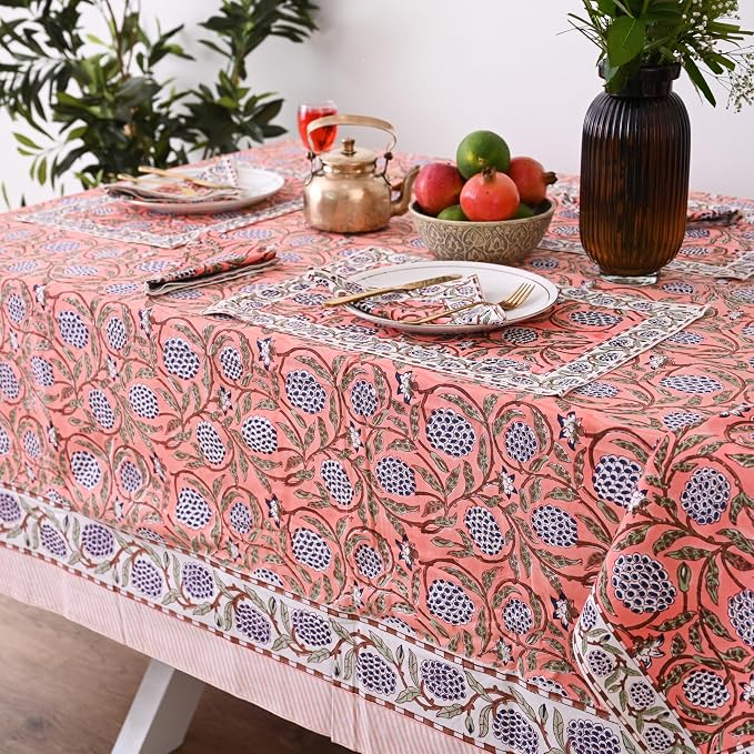 Hand Block Printed Tablecloth, Dark Salmon Pink, 6 Seater 60 x 90 Inches Rectangle, Colorful Floral Print, Indian Artisan Handmade Art, Dining Room, Kitchen, Outdoor Décor