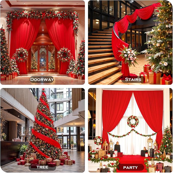 10ft×12ft Red Backdrop Curtain for Wedding Parties, 2 Panels Wrinkle Free Polyester Photo Backdrop Drapes Back Drop Cloth for Memorial Day Birthday Photography Background