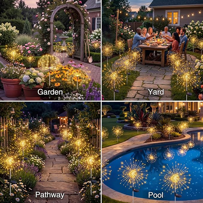 btfarm 6 Pack 120 LED Solar Garden Lights Outdoor, 8 Modes Firework Lights Solar Powered, Waterproof Twinkle Fairy Light Outside for Yard Patio Pathway Pool Christmas Party Decorative, Warm White