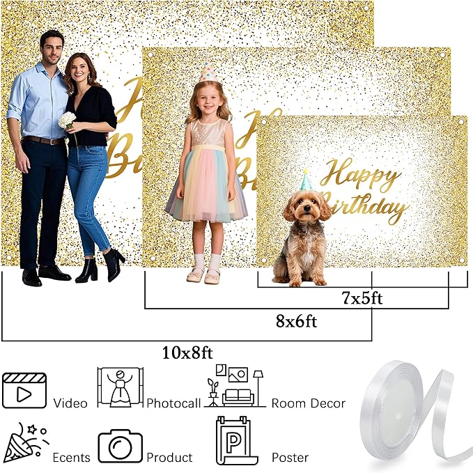 12x10 FT Glitter Happy Birthday Backdrops Banner Polyester White and Gold Spots Large Happy Birthday Background Sign for Women Men Decorations Photo Booth Props Supplies Banner