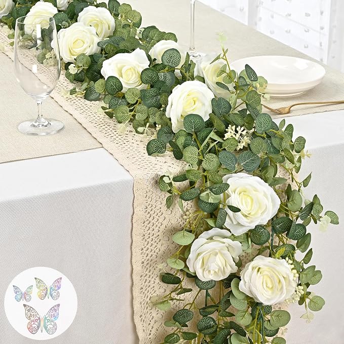 Yastouay 6 Ft Fuller White Flower Garland with Butterfly, Artificial Eucalyptus Garland with Flowers Fake Rose Vine Garland for Table Centerpiece Wedding Arch Baby Shower Party Room Backdrop Decor