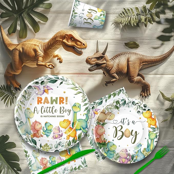 Dinosaur Baby Shower Decorations for Boy, Jungle Animal Dino Baby Boy Party Supplies, Dinosaur Theme Rawr It's a Boy Paper Plate, Napkin, Cup, Tablecloth, Cutlery, Banner, Swirls, Serves 24