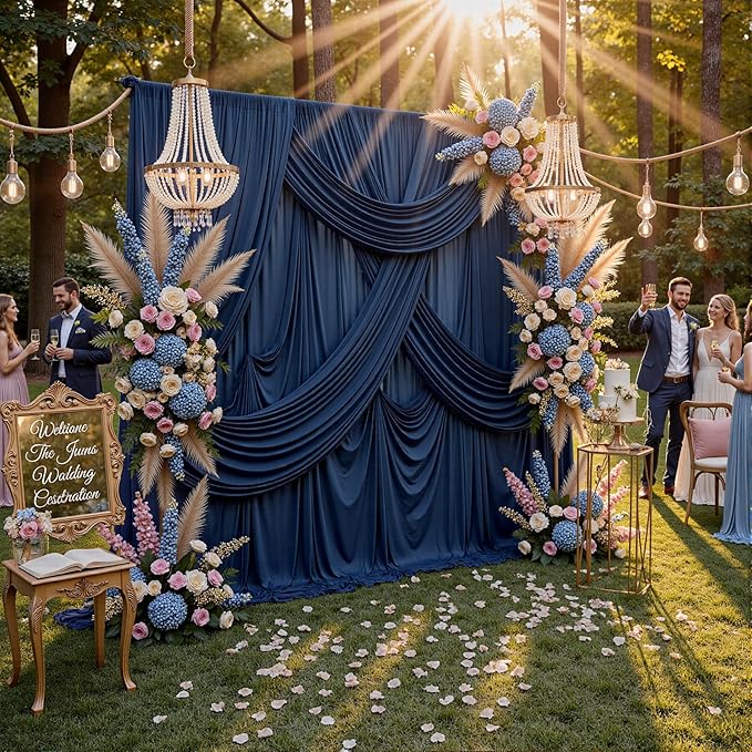 30ft x 10ft Wrinkle Free Navy Blue Backdrop Curtains for Parties, 6 Panels 5x10ft Silky Polyester Photo Backdrop Drapes for Wedding Birthday Graduation Photography Party Background Stand