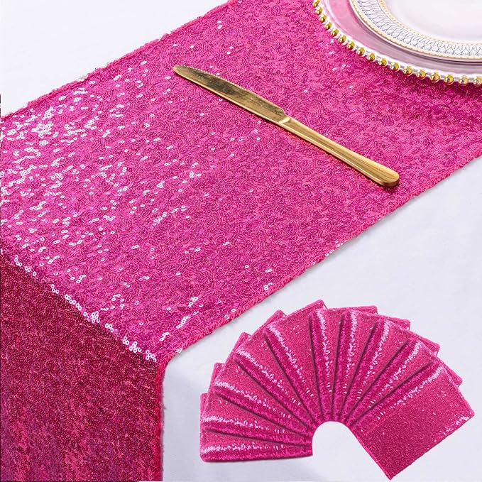 ShinyBeauty Hot Pink Table Runners - Pack of 10, 12x108-Inches, Sequin Fabric, Fuchsia, Perfect for Holiday Celebration Party Supplies