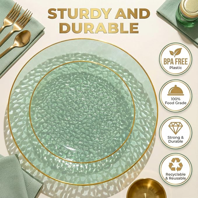 I00000 150Pcs Clear Green Plastic Plates with Gold Rim,Green Disposable Plates,Clear hammer patterned plates Set include 30 Dinner Plate,30 Dessert Plate,90 plastic Silverware Set for Party
