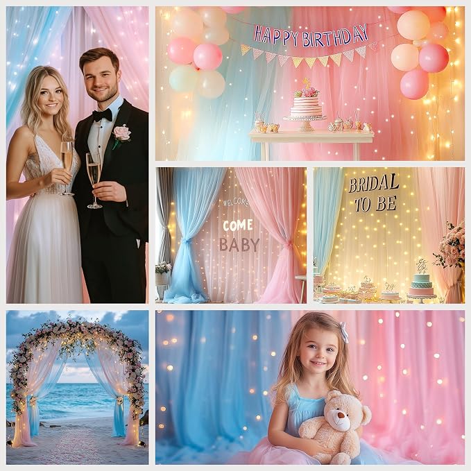 Tulle Curtain Backdrop with 300 LED Fairy Lights for Parites Wrinkle-Free Sheer Curtain Drapes Photo Back Drop for Wedding Baby Shower Bridal Shower Birthday Home Décor - 10ft×10ft, Pink Blue