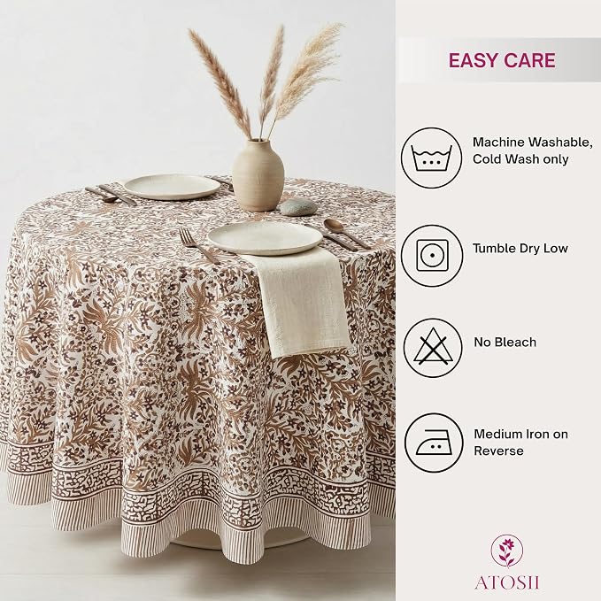 ATOSII Nargis Cider 100% Cotton Round Boho Fall Tablecloth, Handblock Floral Table Cloth Linen for Kitchen Dining I Parties Weddings Outdoors Picnics Easter Mothers Day I 60" Inches Round I 4 Seater