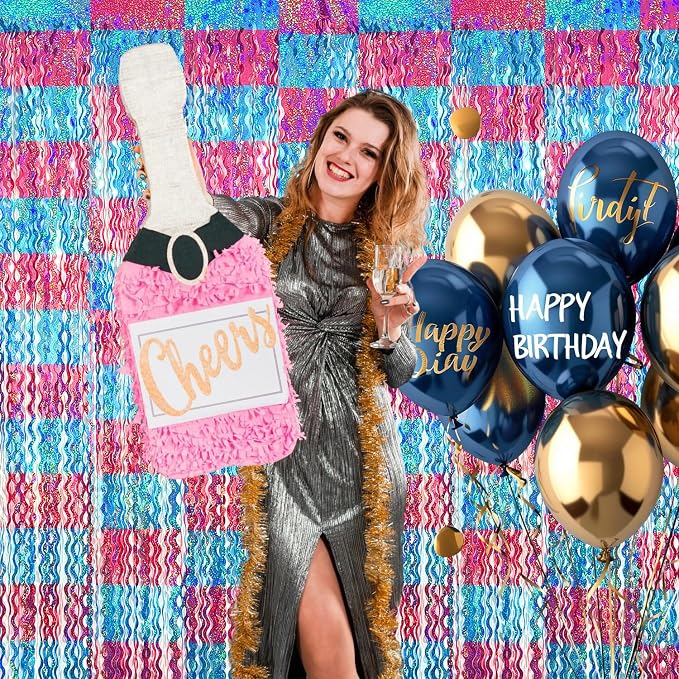 GOER Metallic Tinsel Foil Fringe Curtains Party Photo Backdrop Party Streamers for Birthday,Graduation,Gender Reveal Photo Backdrop Wedding Decor (2 Packs,Pink&Blue)