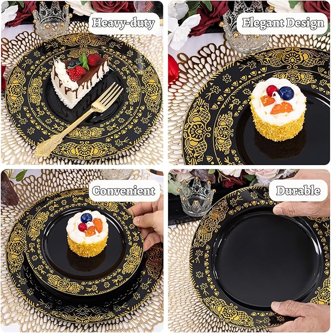 GATHER 350PCS Black and Gold Plastic Plates - Gold Disposable Dinnerware Set Include 50 Dinner Plates, 50 Dessert Plates, 150 Gold Plastic Silverware, 50 Napkins, 50 Cups for Wedding & Party