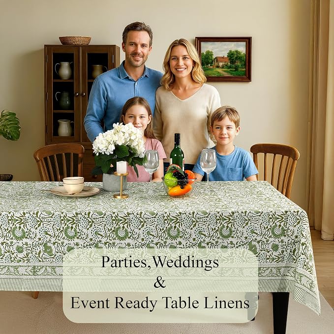 CPC Tablecloth 100% Cotton 60x60 Inch Indian Block Print Square Table Cover, Table Cloth for Weddings, Spring/Summer, Barbeque - Agate Green