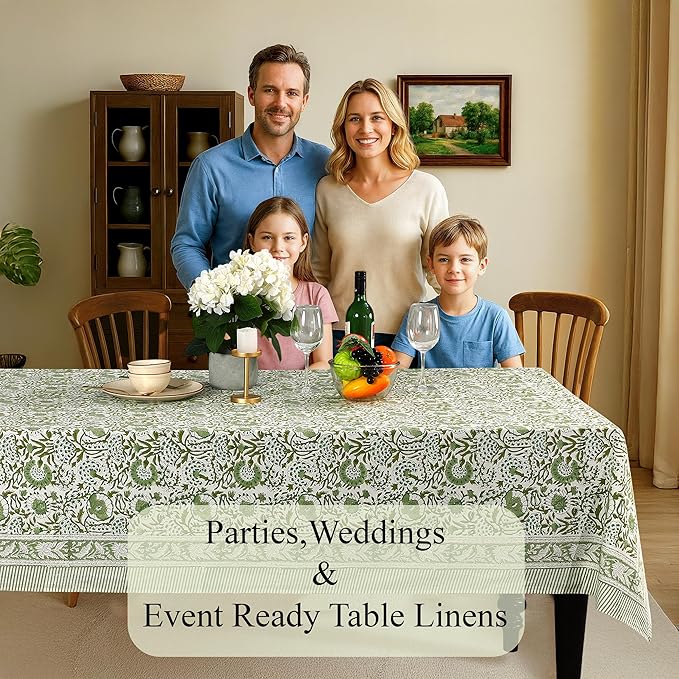 CPC Block Print Tablecloth Agate Green 120"x80" Rectangular 100% Cotton Reusable Table Cover, Everyday Decorative Table Cloth Use for Dining, Farmhouse, Home Gift for Spring,Summer