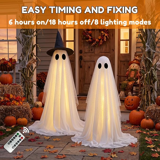 Halloween Decorations Outdoor, Spooky Ghost Halloween Decor with Witch Hat | Set of 2, Adjustable Height,Remote Control & Timer,Unique Ghost & Witch Fusion Design, Sparkling Sheer Tulle and White Fabric