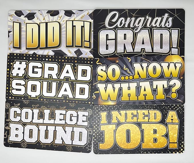 KING PROPS Graduation Photo Booth Prop Decorations 6 Count, Any Graduation Party, Water Proof Multi Color Double Sided Gold and Black Selfie Photoshoot Party Props
