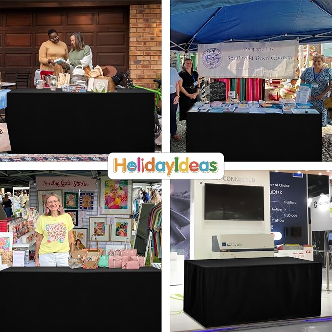 HolidayIdeas 4-Pack 6ft Open Back Fitted Tablecloths for Craft Shows Black | 3-Sided coverage wrinkle resistant tablecloths for vendor booths,banquet events,outdoor pop-up shop