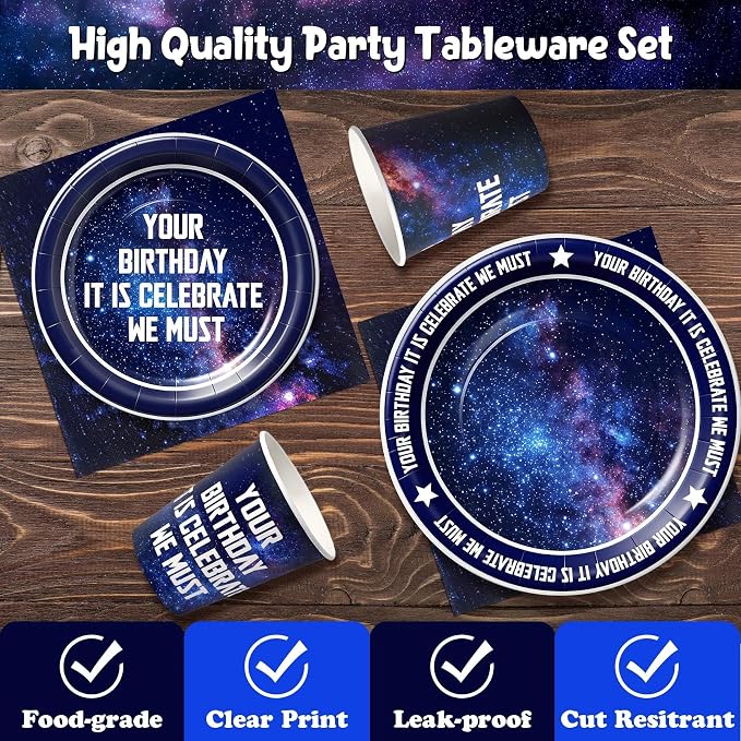Space Theme Party Supplies 168PCS- Star Galaxy Birthday Decorations Set Includes 9” & 7” Dinnerware Paper Dessert Dinner Plates, Napkins, Cups & Cutlery, Serves 24