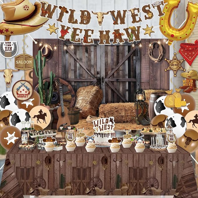 Western Party Decorations,Cowboy Party Decorations For Men,Wild Weat Banner,Cow Print Foil Balloon,Table Cloth,Western Decor For Boys