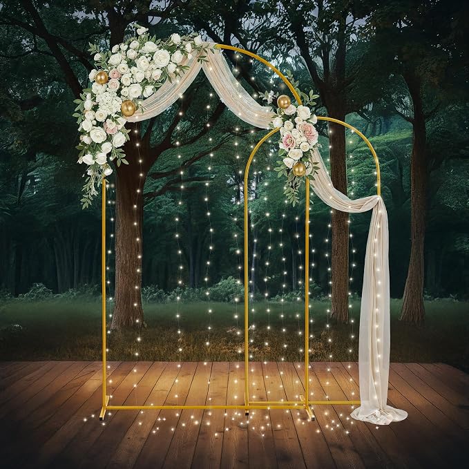 Gold Metal Arch Backdrop Stand for Wedding & Birthday Party Decorations, Foldable Balloon Arch Frame with Easy Assembly, Photo Booth Backdrop Décor with Fairy Lights Options