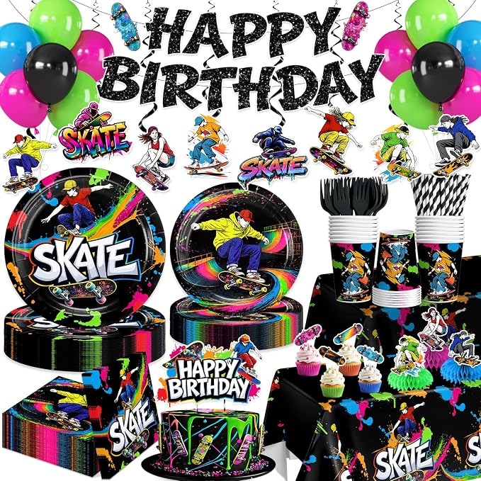215Pcs Skateboard Birthday Party Decorations, All-in-One Party Supplies Includes Banner, Cake Cupcake Topper, Balloons, Plates and Napkins, Easy Setup Skate Party, Serves 25