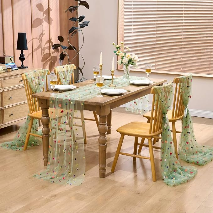 QueenDream 10FT Sage Green Floral Spring Table Runner Embroidery Daisy Gauze Table Runner for Summer Baby Shower Wedding Birthday Party