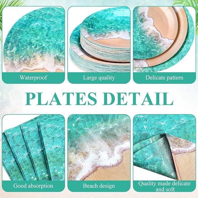 Funnymoom 250 Pcs Beach Party Decoration Ocean Waves Paper Plates Napkins and Cups Nautical Sea Shore Ocean Pool Party Tableware Set for Summer Beach Tropical Hawaii Birthday Decorations, Serves 50