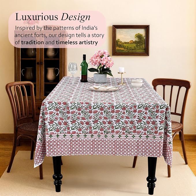 CPC Tablecloth 100% Cotton 60x90 Inch Indian Block Print Rectangle Table Cover, Washable Table Cloth for Weddings, Spring/Summer, Barbeque -Red Garnet