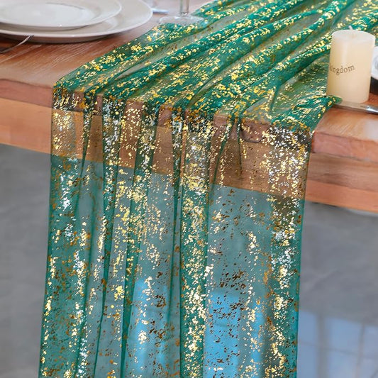 Snowkingdom Green Gold Gauze Table Runner 10FT 120 Inch Long, Glitter Sheer Sparkle Metallic Foil Dining Table Centerpieces Decoration for Birthday Party Wedding Shower Anniversary Graduation Holiday